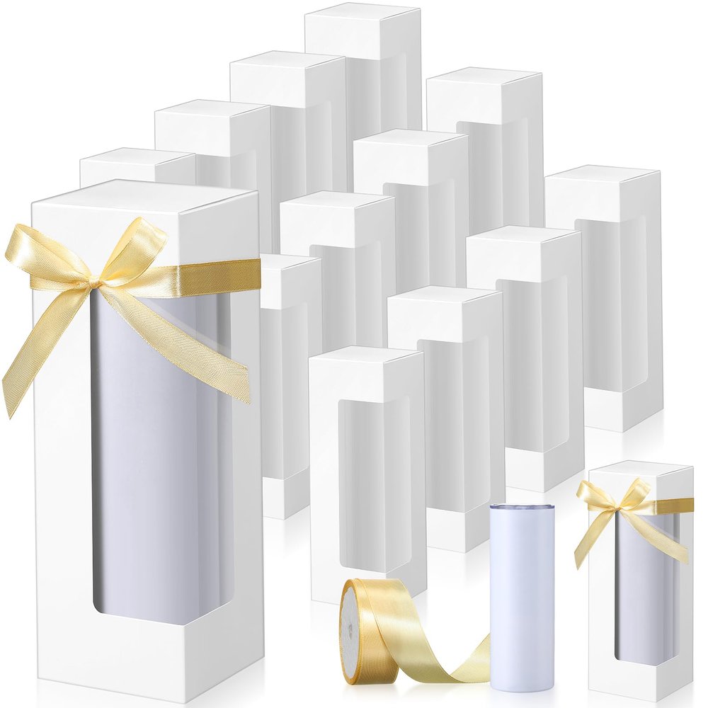 PerKoop 36 Pcs Gift Boxes with Ribbon for Sublimation Tumbler Transparent Exhibition Boxes 12Oz, 20Oz, 30oz Heat Press Skinny Tumbler Gift Wrapping(White)