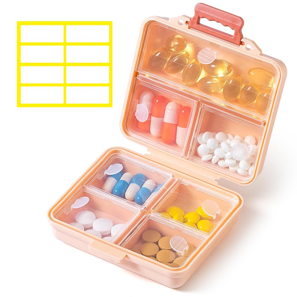 1 Pack Travel Pill Organizer,Portable Daily Pill Box,7 Grid Compartments Weekly Pill Case with Lables,Mini Medicine Organizer Box,Compact Pocket Pharmacy for Purse Vitamin Fish Oil Container (Pink)