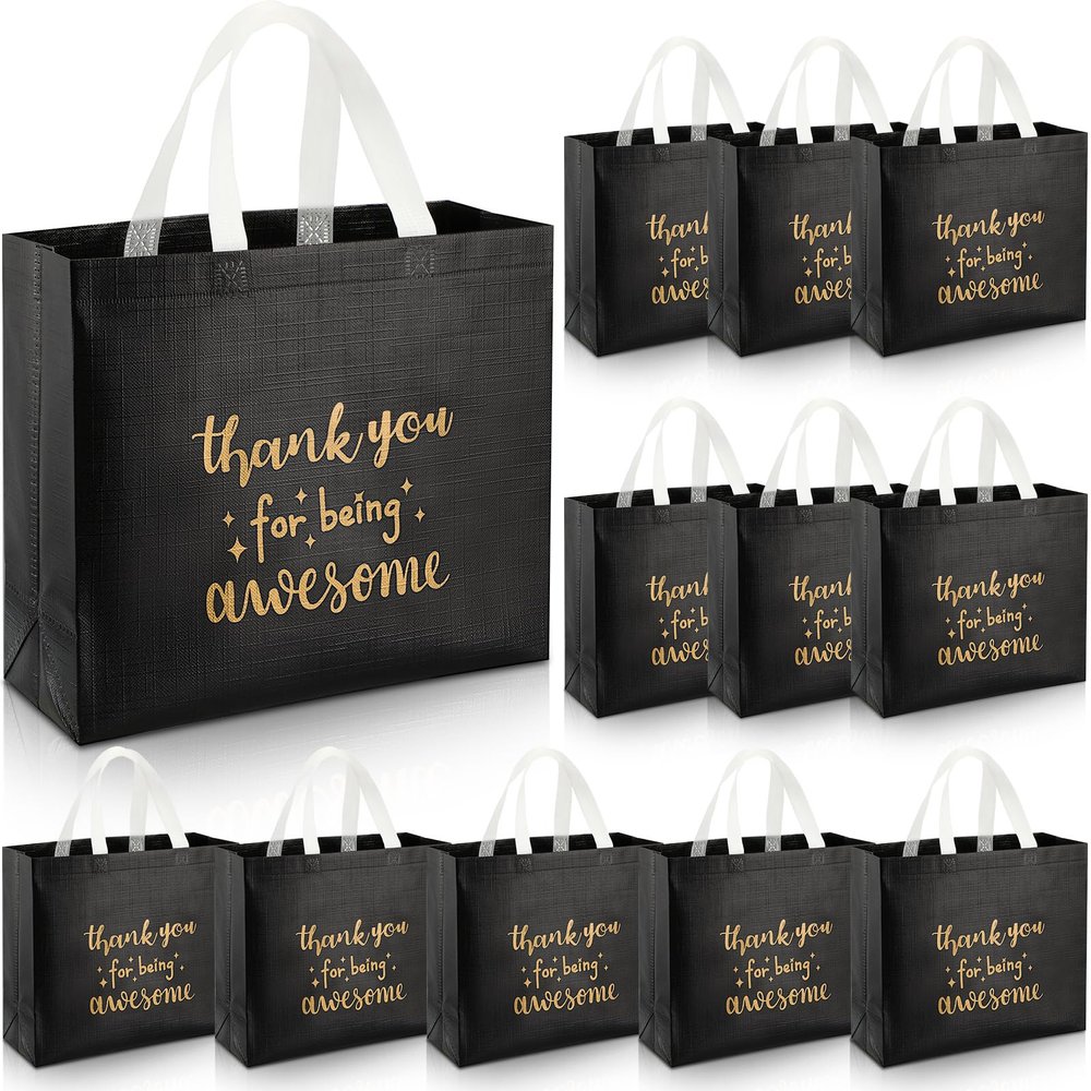 Sanwuta 12 Pcs Employee Appreciation Day Gift Bag for Social Worker Bulk with Handles Thank You Coworker Reusable 12.2 x 4.7 x 11 in Thank You for Being Awesome Gift(Black)