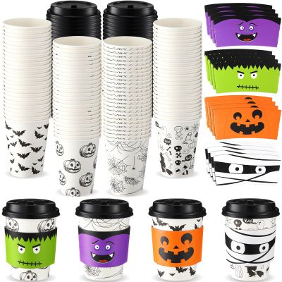 Umigy 100 Pack Halloween Disposable Coffee Cups 12 oz Paper Coffee Cups with Dome Lids and Sleeves Hot Cold Beverage Coffee Juice Drinking Cups for Halloween Party Decoration (Bat Style)