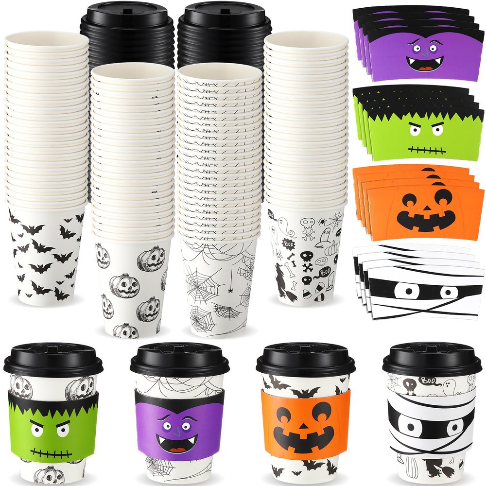 Umigy 100 Pack Halloween Disposable Coffee Cups 12 oz Paper Coffee Cups with Dome Lids and Sleeves Hot Cold Beverage Coffee Juice Drinking Cups for Halloween Party Decoration (Bat Style)