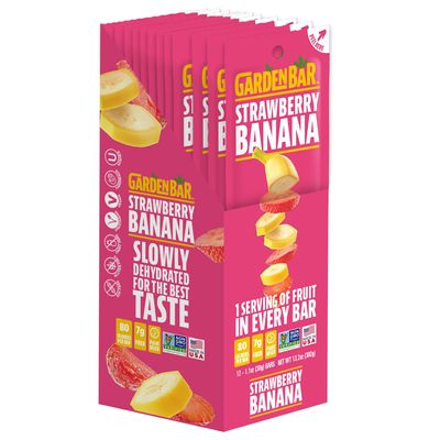 Garden Bar Strawberry Banana Fruit | Healthy Natural Fruit Leather Jerky | Gluten Free, Non GMO, High Fiber Snack | 12 Count