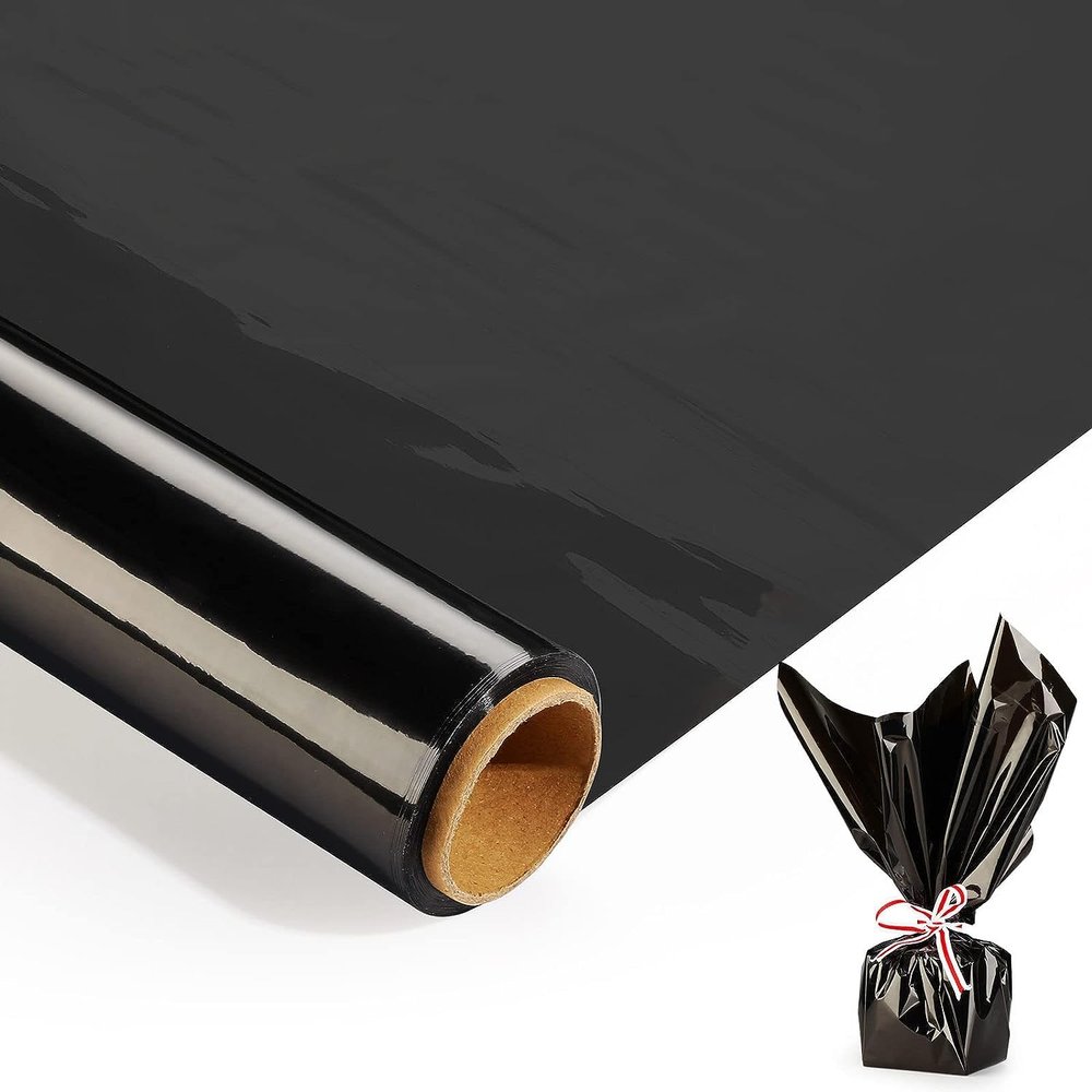 shareluck 100ft x 17 Black Cellophane Wrap Roll - Black Cellophane Wrap for Halloween to Wrap Gift Basket, Treat, Wine, Party Decoration