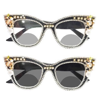 Fashion Photochromic Bifocal Reading Glasses Women Rhinestone Oversized Cat Eye Transition Readers Sunglasses (black, 3, multiplier_x)