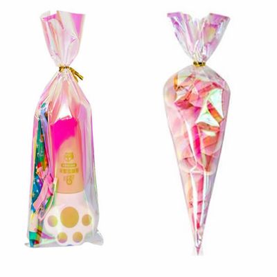 Weststone 50pcs Iridescent Holographic Goodie Bags with Iridescent Twist Ties for Birthday Party Favors, Valentines, Weddings and Popcorn with regular and Cone shaped (Regular 10" x 4")