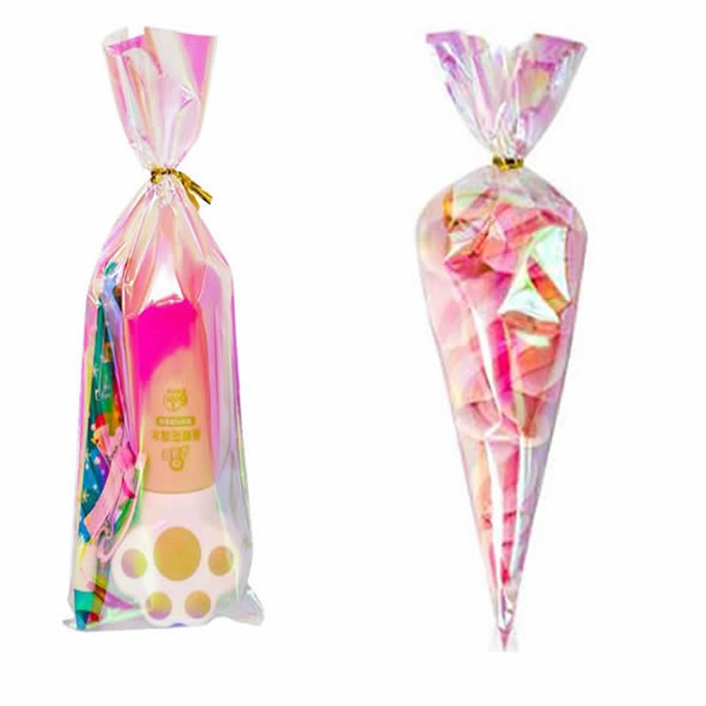 Weststone 50pcs Iridescent Holographic Goodie Bags with Iridescent Twist Ties for Birthday Party Favors, Valentines, Weddings and Popcorn with regular and Cone shaped (Regular 10" x 4")