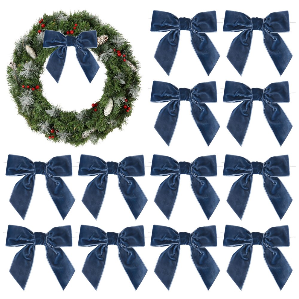 AIMUDI Dusty Blue Velvet Bows 4.5" Christmas Bows for Tree Premade Bows for Wreaths Twist Tie Bows for Gift Wrapping, Festive Winter Decor, Tree Garland, Swag, Wedding Decor - 12 PCs