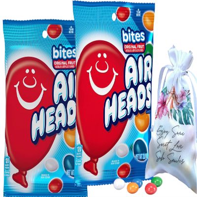AirHeads Fruit Flavored Bites Candy 2 Bags (Each 3.8 OZ) | Great for Parties, Candy Gift bag | Flavors -Blue Raspberry, Cherry, Watermelon, Orange, White Mystery | Soko Smiles Pocket Bag Included.