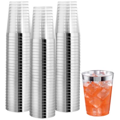 I00000 100PCS Silver Plastic Cups,10 oz Clear Plastic Cups with Silver Trim, Heavy-Duty Disposable Hard Cup For Party, Premium Cup Perfect for Wedding & Party