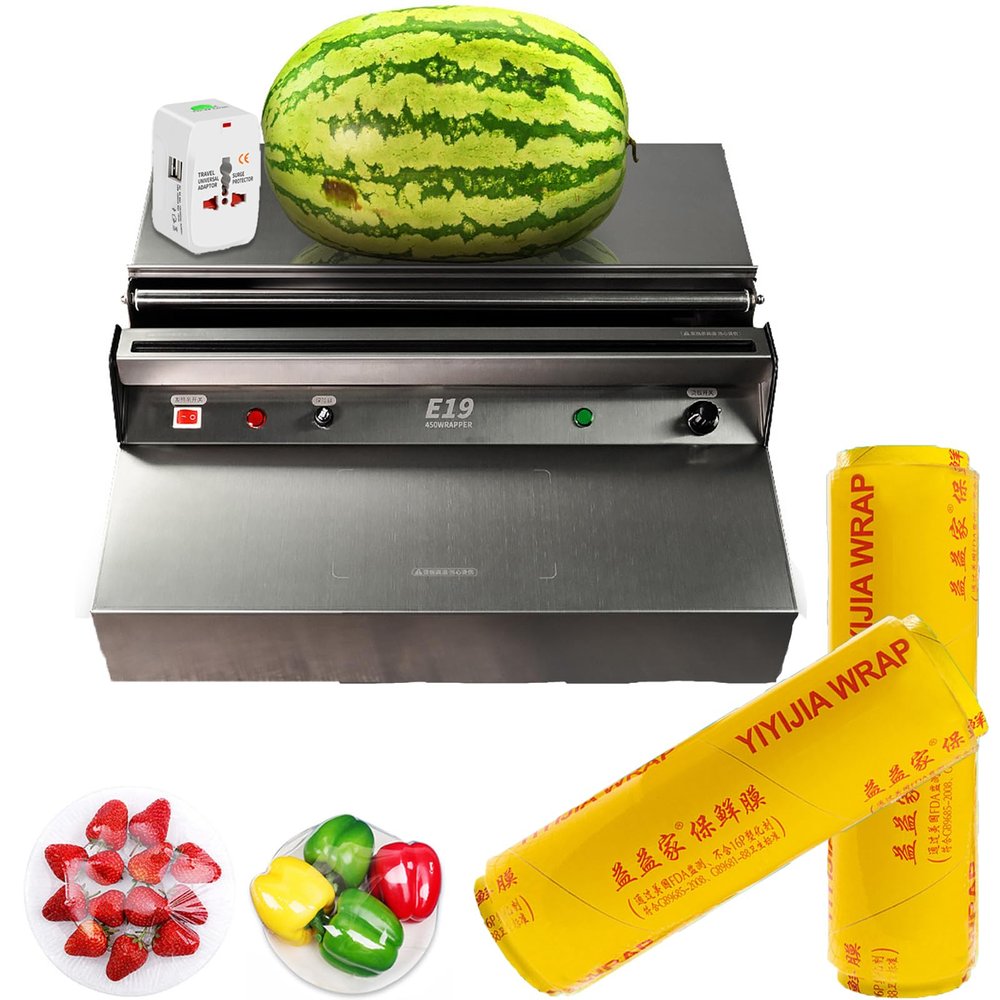 Commercial Film Wrapper Hand Wrapping Machine with 2 Roll 12Inch x 1312Feet PVC Plastic Cling Wrap Film for Packing and Storing Food, Reusable with Slide Cutter (E19+2 Roll Cling Wrap)