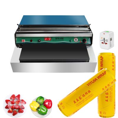Commercial Film Wrapper Hand Wrapping Machine with 2 Roll 12Inch x 1312Feet PVC Plastic Cling Wrap Film for Packing and Storing Food, Reusable with Slide Cutter (SFN-450+2 Roll Cling Wrap)