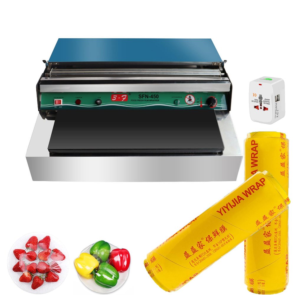 Commercial Film Wrapper Hand Wrapping Machine with 2 Roll 12Inch x 1312Feet PVC Plastic Cling Wrap Film for Packing and Storing Food, Reusable with Slide Cutter (SFN-450+2 Roll Cling Wrap)
