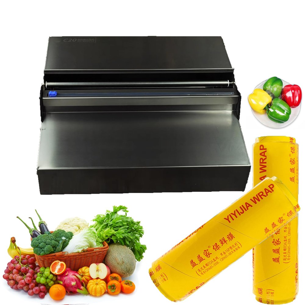 Commercial Film Wrapper Hand Wrapping Machine with 2 Roll 12Inch x 1312Feet PVC Plastic Cling Wrap Film for Packing and Storing Food, Reusable with Slide Cutter (C20+2 Roll Cling Wrap)
