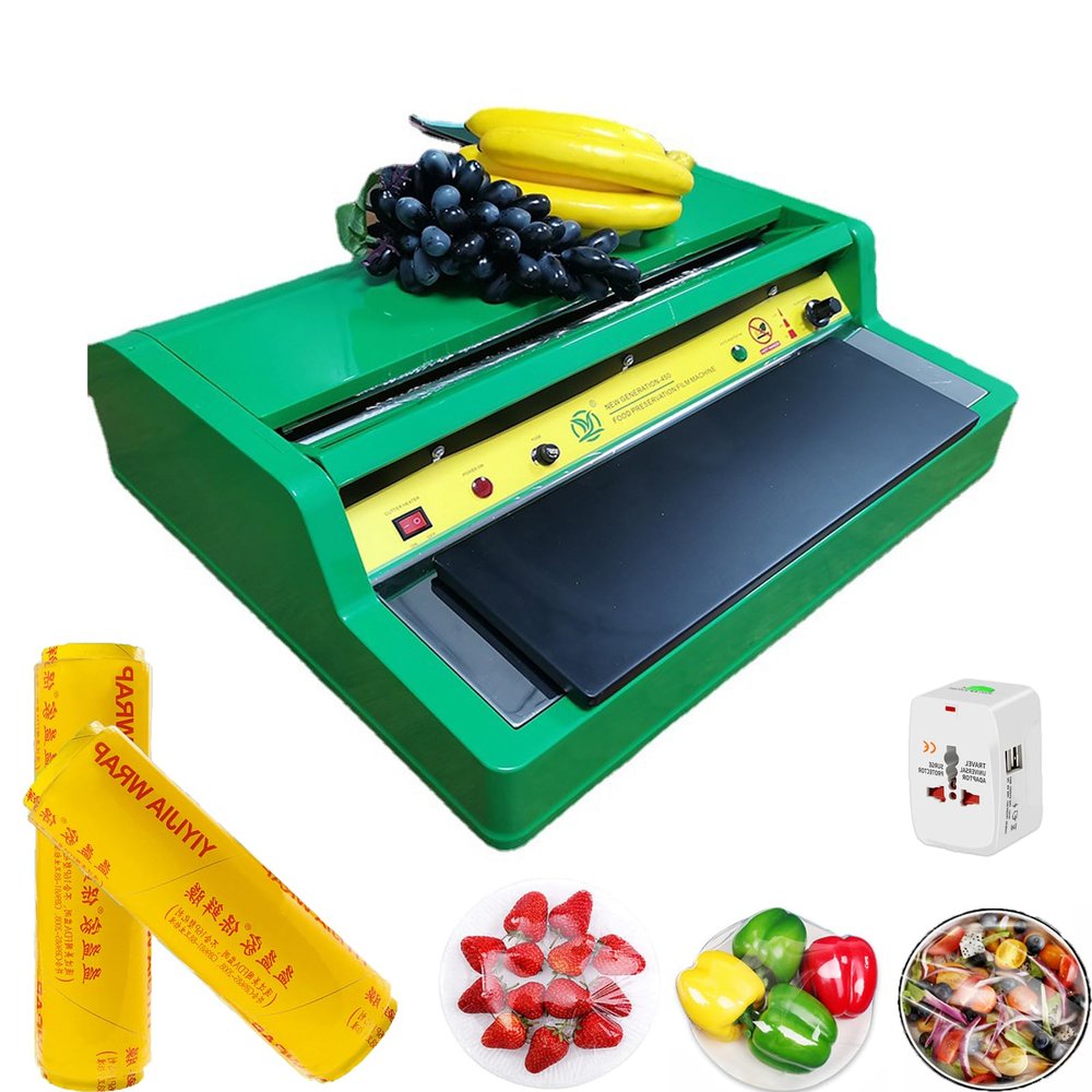 Commercial Film Wrapper Hand Wrapping Machine with 2 Roll 12Inch x 1312Feet PVC Plastic Cling Wrap Film for Packing and Storing Food, Reusable with Slide Cutter (B450+2 Roll Cling Wrap)