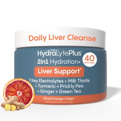 Hydralyte Liver Support + Electrolyte Mix with Milk Thistle, Turmeric, Ginger, Prickly Pear, Green Tea Extract Formulated for Rapid Rehydration, (Blood Orange Ginger, 40 Serve Tub)