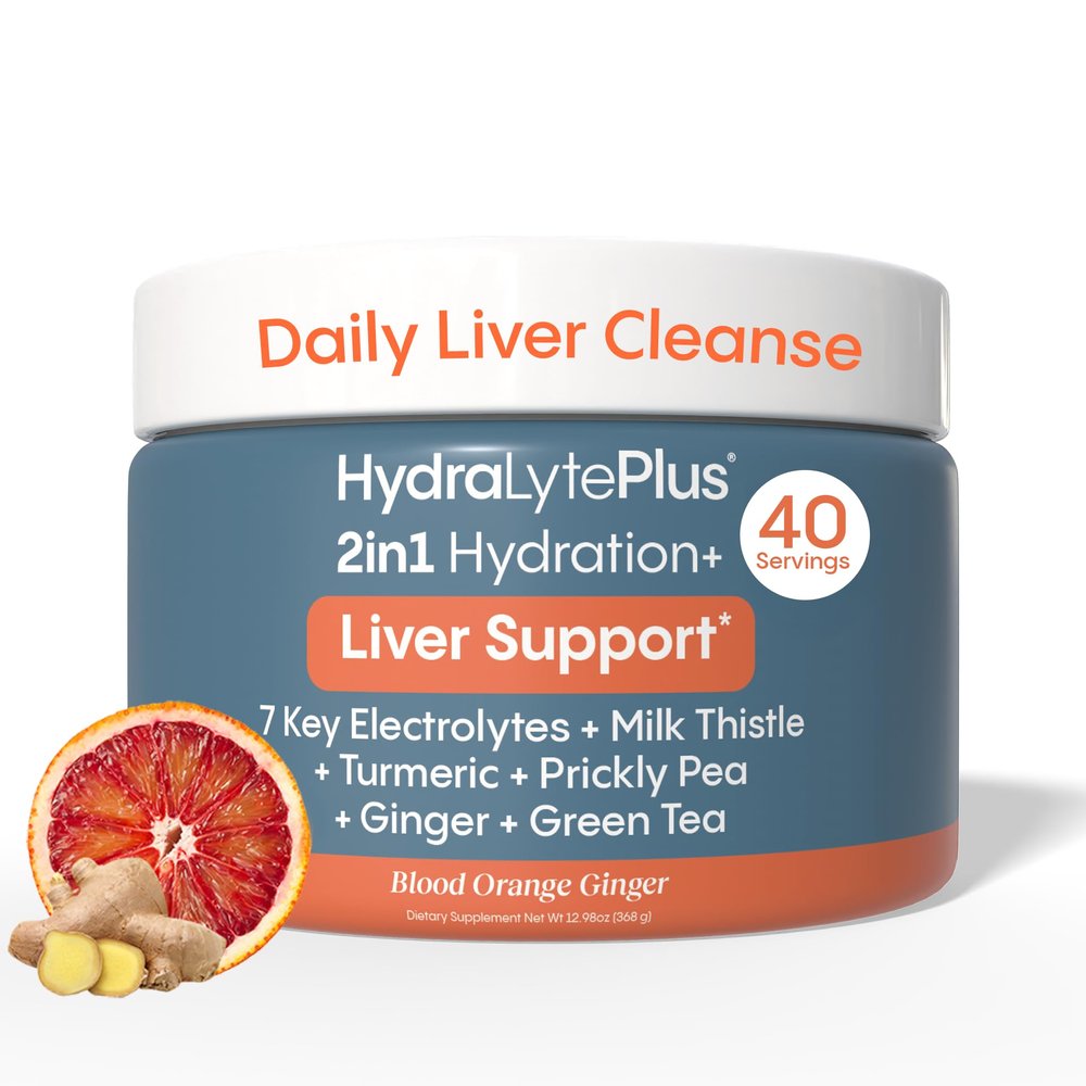 Hydralyte Liver Support + Electrolyte Mix with Milk Thistle, Turmeric, Ginger, Prickly Pear, Green Tea Extract Formulated for Rapid Rehydration, (Blood Orange Ginger, 40 Serve Tub)