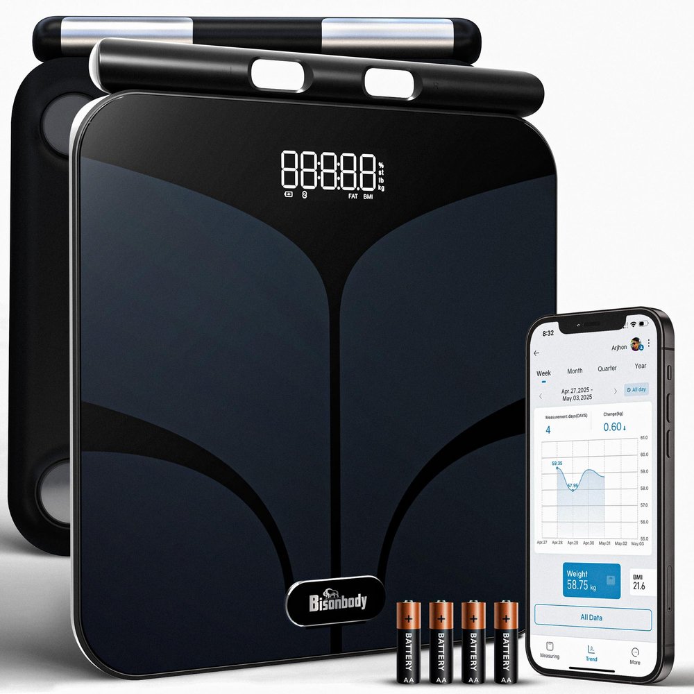 Bisonbody Smart Digital Body Bathroom Scale  29 Health Body Metrics  for Advanced Fitness Enthusiasts  Durable Tempered Glass  8 Electrodes Sensors  Smartphone App Support Bluetooth Connection