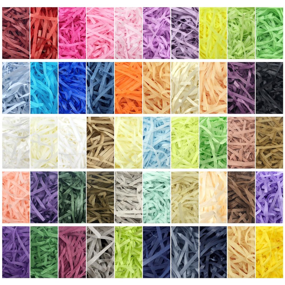 Tigeen 50 Pack Crinkle Cut Paper Shred Filler 2.2 LB Crinkle Shredded Filler Raffia Confetti Paper Shreds Basket Grass for Gift Wrapping DIY Craft Box Packing and Filling, 50 Colors