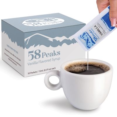 58Peaks Vanilla Flavored Syrup Sweetener Packets for Hot and Cold Drinks | To-Go Syrup Flavoring Perfect for Coffee, Tea, Milkshake and More | Flavored Coffee Syrups for Travel | 15mL | 50-Pack