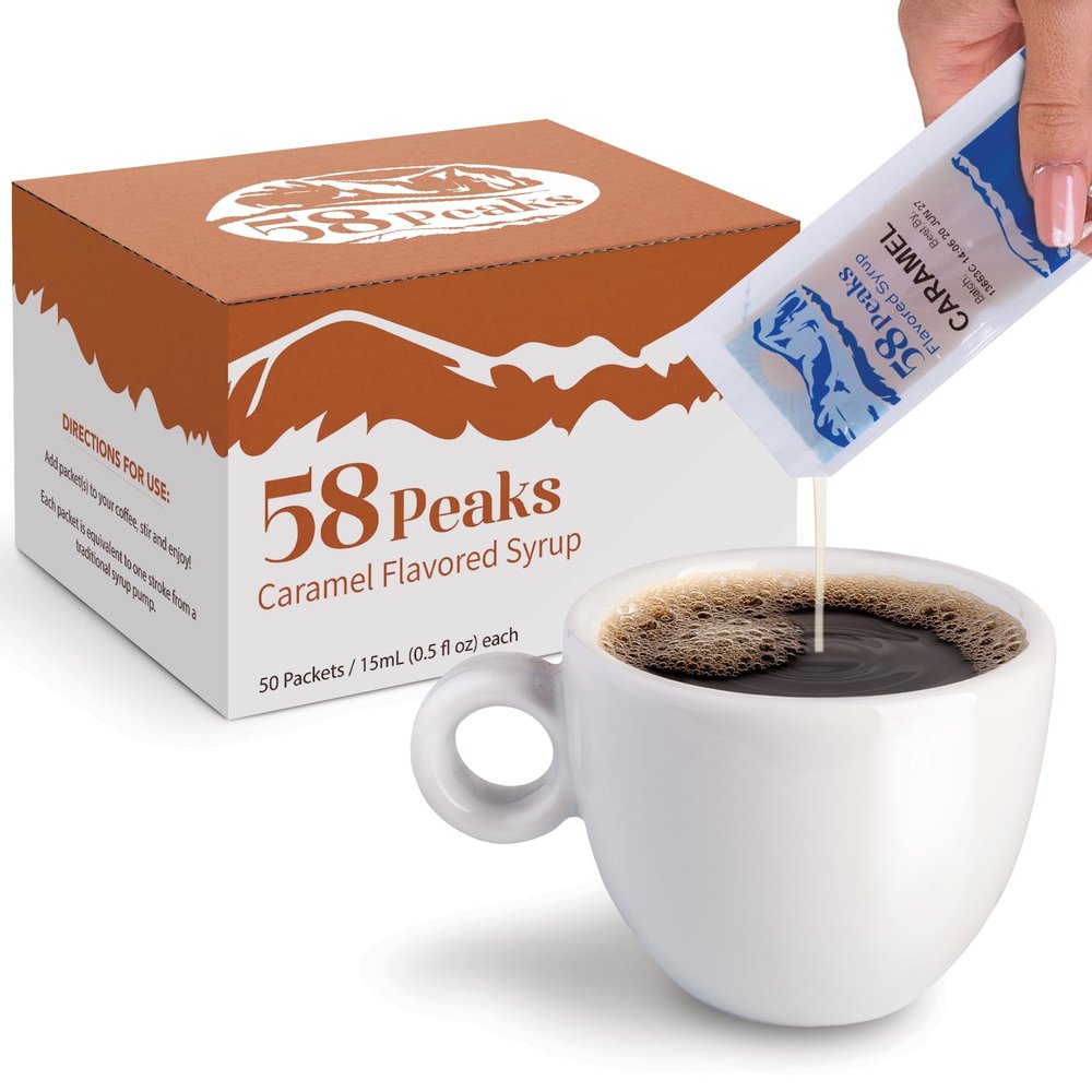 58Peaks Caramel Flavored Syrup Sweetener Packets for Hot and Cold Drinks | To-Go Syrup Flavoring Perfect for Coffee, Tea, Milkshake and More | Flavored Coffee Syrups for Travel | 15mL | 50-Pack
