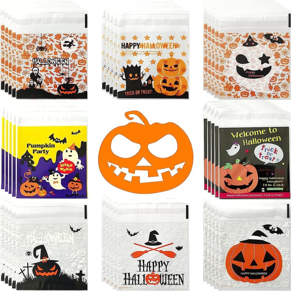 400 Pieces Halloween Candy Bag Cellophane Treat Bags, Trick or Treat Pattern Goodie Candy Favor Bags Self Adhesive for Halloween Trick or Treat Goodie Party Favor Pride Day Birthday Party Supplies