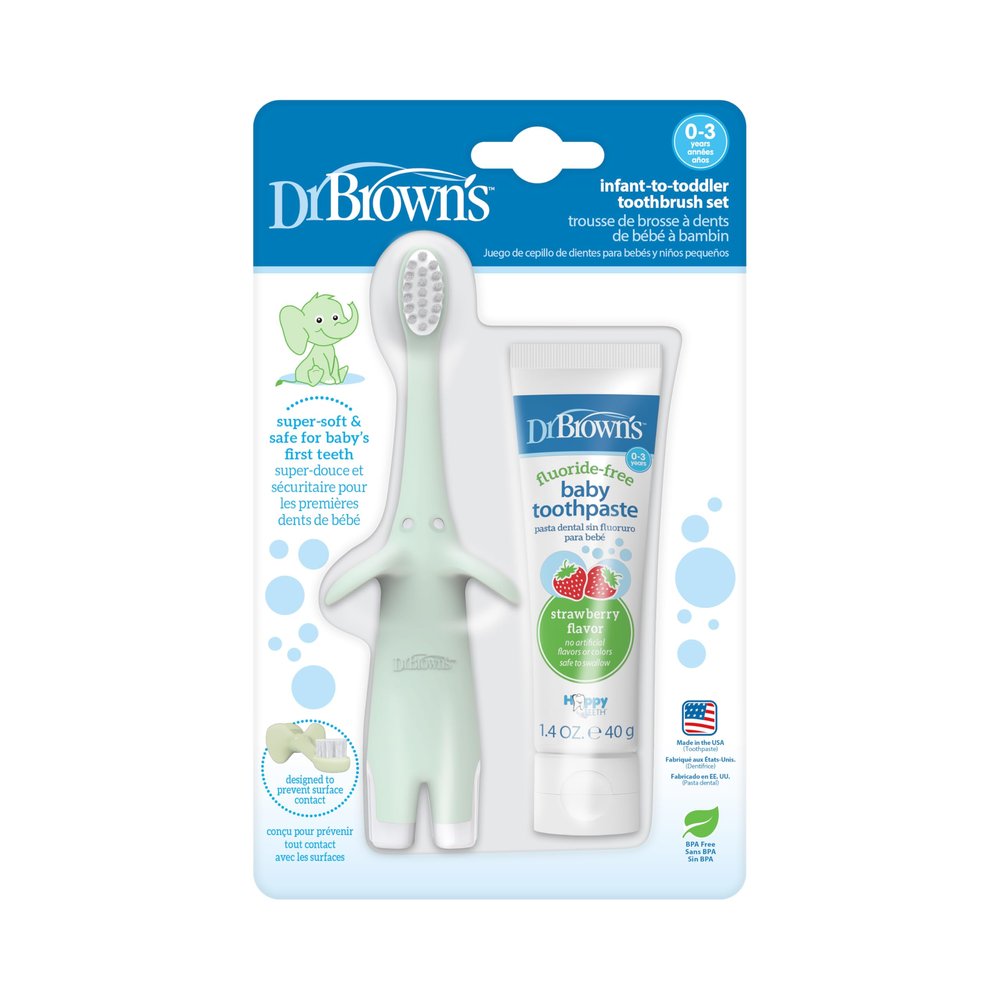 Dr. Browns Infant-to-Toddler Training Toothbrush Set, Mint Elephant with Fluoride-Free Strawberry Baby Toothpaste, 0-3 years