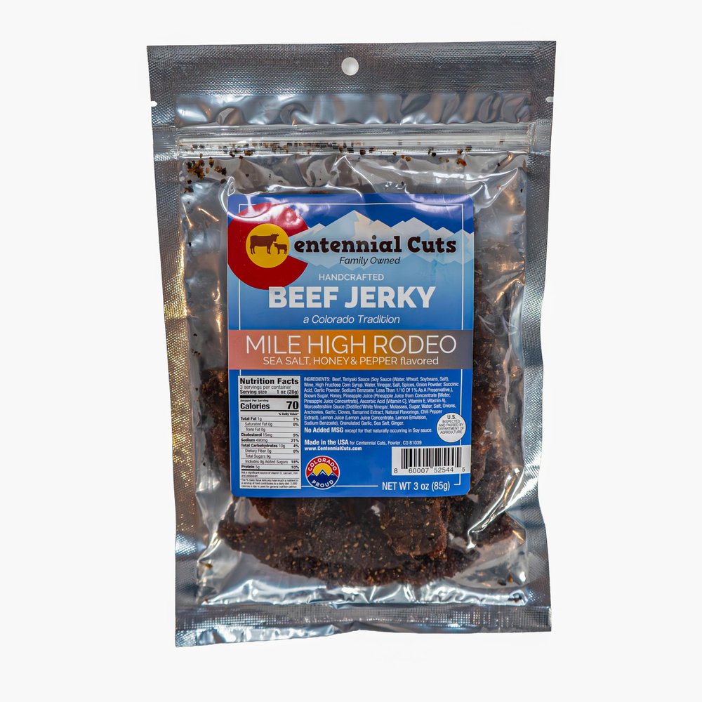 Centennial Cuts Beef Jerky Mile High Rodeo High Protein, Sea Salt, Honey & Pepper Flavor 3 oz Snack