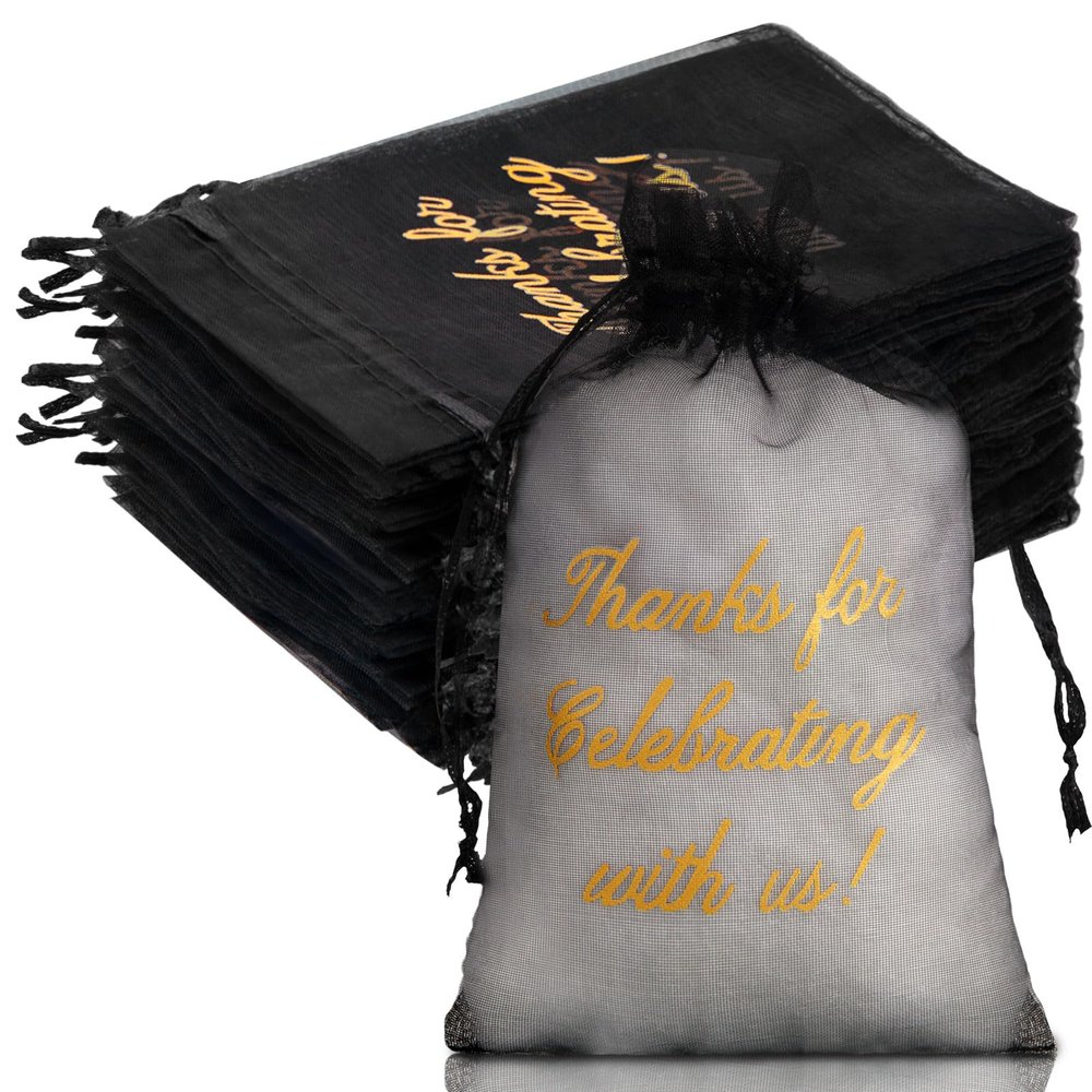 100 Pcs Wedding Favor Bags Mesh Thank You Gift Bags with Drawstring Sheer Mesh Organza Wedding Thank You Gifts Bag for Guests Goodie Jewelry Candy for Bridal Shower, Anniversary(4 x 6 Inch,Black)
