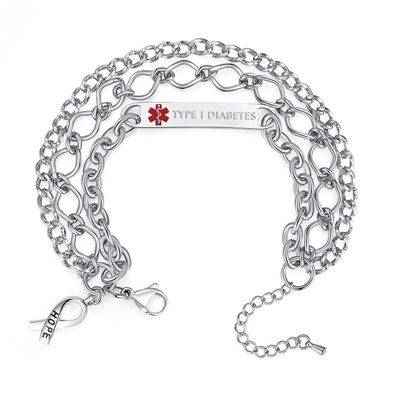 mnmoom Medical Alert Bracelets for Women Stainless steel Heart Medical ID bracelets with Free Engraving (Multi Layer chain-Steel/TYPE 1 DIABETES)