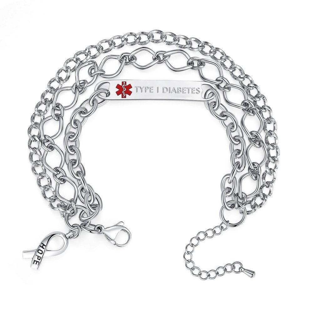 mnmoom Medical Alert Bracelets for Women Stainless steel Heart Medical ID bracelets with Free Engraving (Multi Layer chain-Steel/TYPE 1 DIABETES)