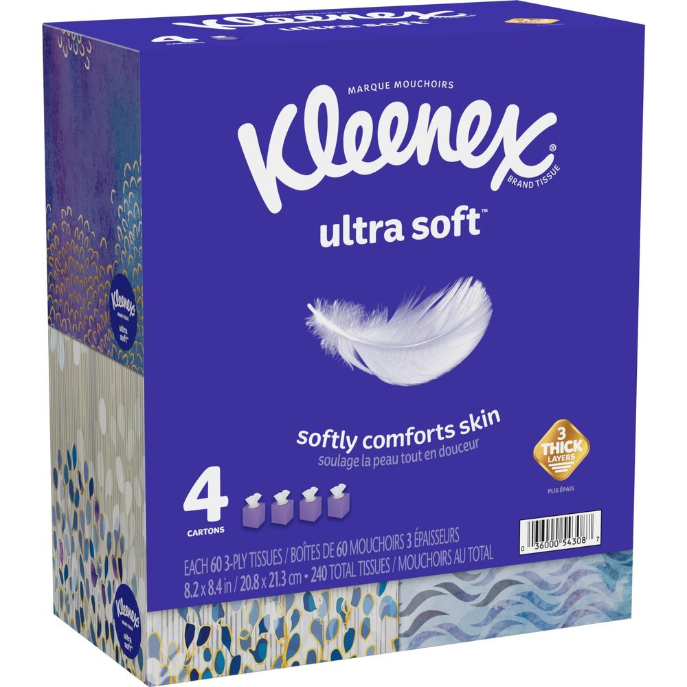 Kleenex Ultra Soft 3-Ply Unscented Tissues, 8-1/4" x 8-7/16", 65 Per Box, Pack Of 4 Boxes