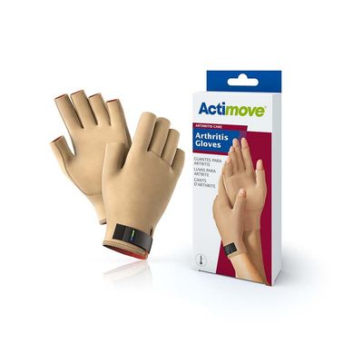 Actimove Arthritis Care Gloves | Fingerless Gloves for Women & Men for Hand Pain, Carpal Tunnel, Rheumatoid, Inflammation, Tendonitis, Trigger Finger, Neuropathy | Beige, Small
