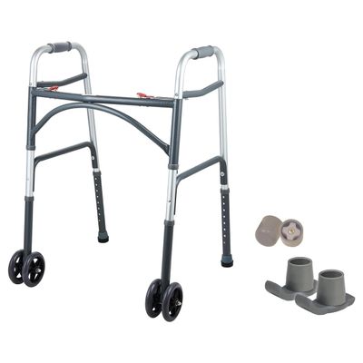 Wide Folding Walker with Wheels for Adults  Adjustable Height Support, 5" Wheels, Fits Users up to 500 lbs  Check Dimensions and Folding Profile Before Purchase  Includes 2 Pairs of Rear Glides