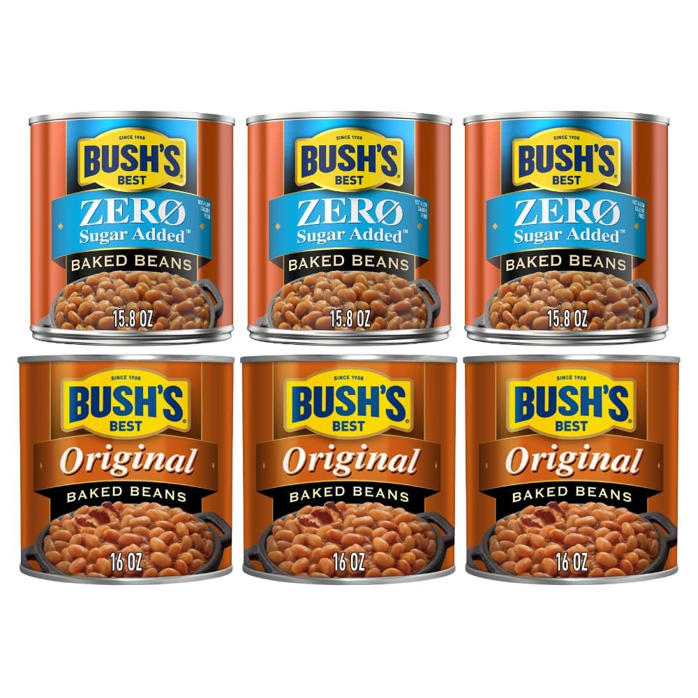 Bushs Best Baked Beans Variety Pack, Zero Sugar & Original, 16 oz Cans (Pack of 6)
