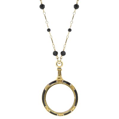 1928 Jewelry Jet Black Glass Beaded Station Chain Deco 35mm Magnification Enamel & Crystal Pendant Necklace For Women 30" - Magnification Power: 1-2X, Multifunctional Magnifier