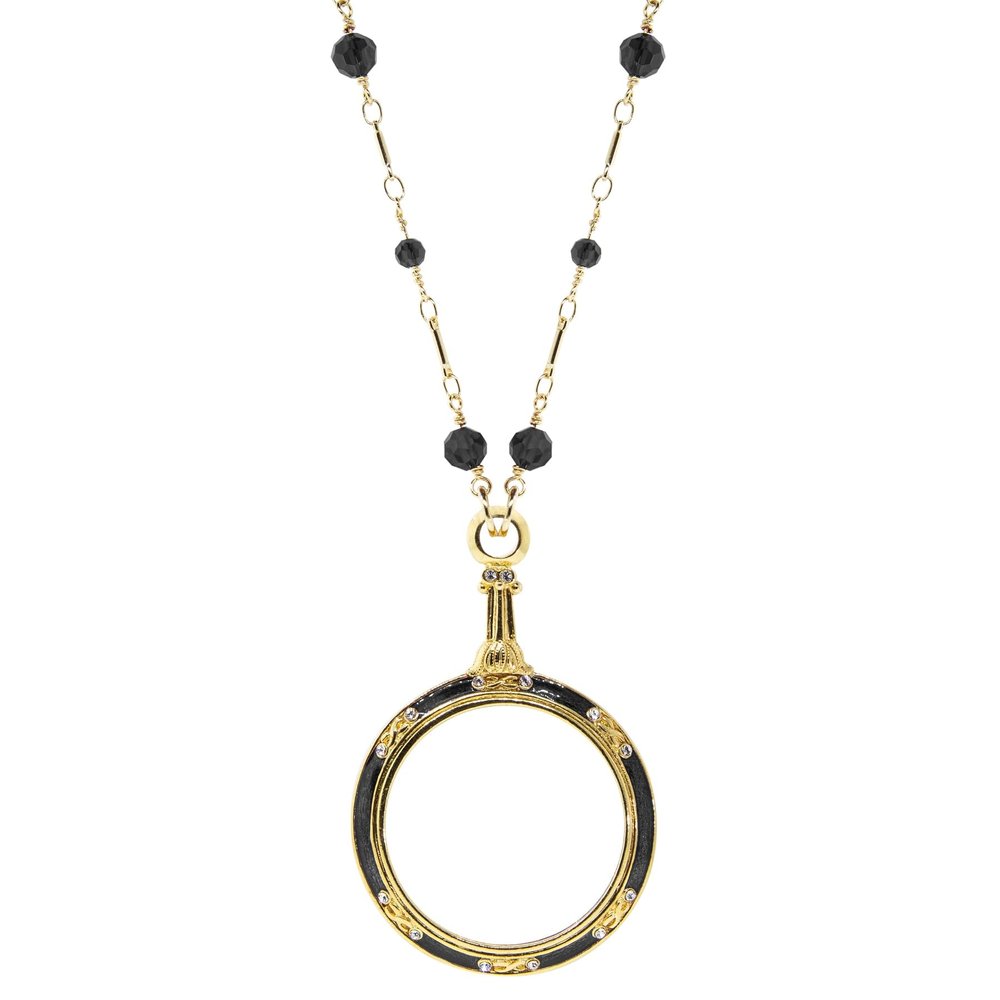 1928 Jewelry Jet Black Glass Beaded Station Chain Deco 35mm Magnification Enamel & Crystal Pendant Necklace For Women 30" - Magnification Power: 1-2X, Multifunctional Magnifier