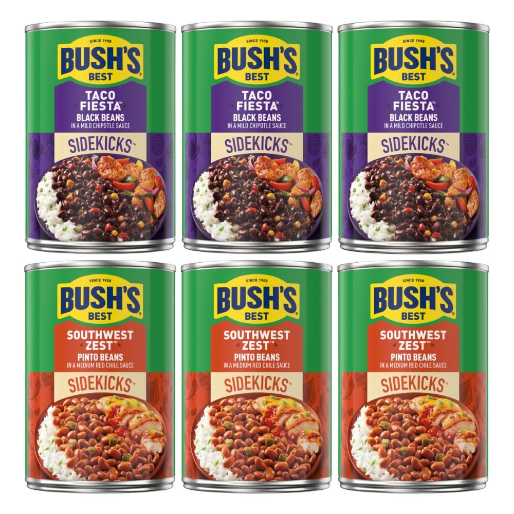 Bush's Best Baked Beans, Sidekicks Variety Pack, Southwest Zest Pinto Beans (15oz), Taco Fiesta Black Beans (15.1oz) (3 of each)