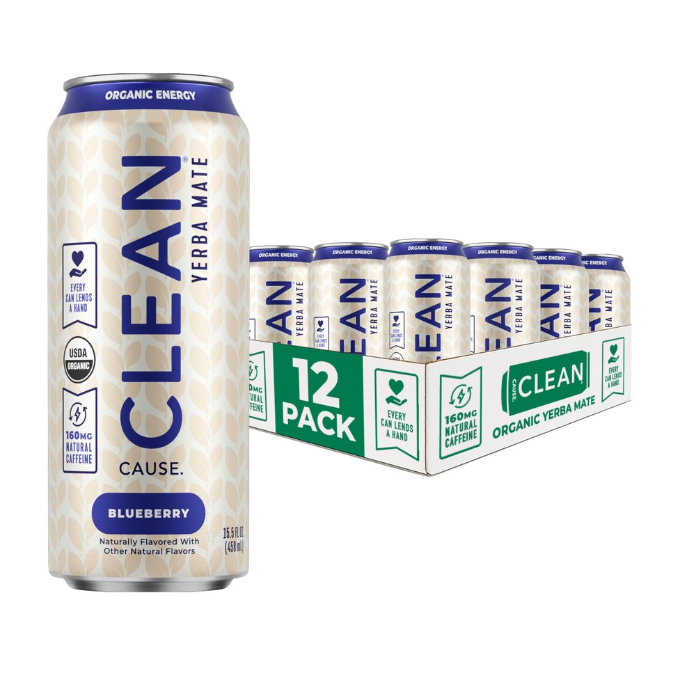 CLEAN Cause Blueberry Yerba Mate Tea Non-Carbonated, USDA Organic Energy Drink Alternative, Low Sugar, 160mg Natural Caffeine, Soda Alternative, Plant-Based, (15.5oz cans, 12-Pack Case)