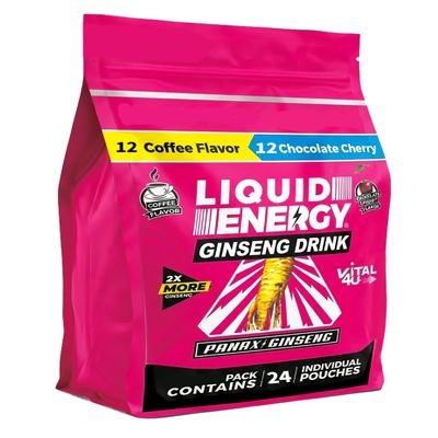 VITAL 4U Liquid Energy Shot - Coffee & Chocolate Cherry Combo Pack, Ginseng, B Vitamins, Naturally Sweetened, 24 ct