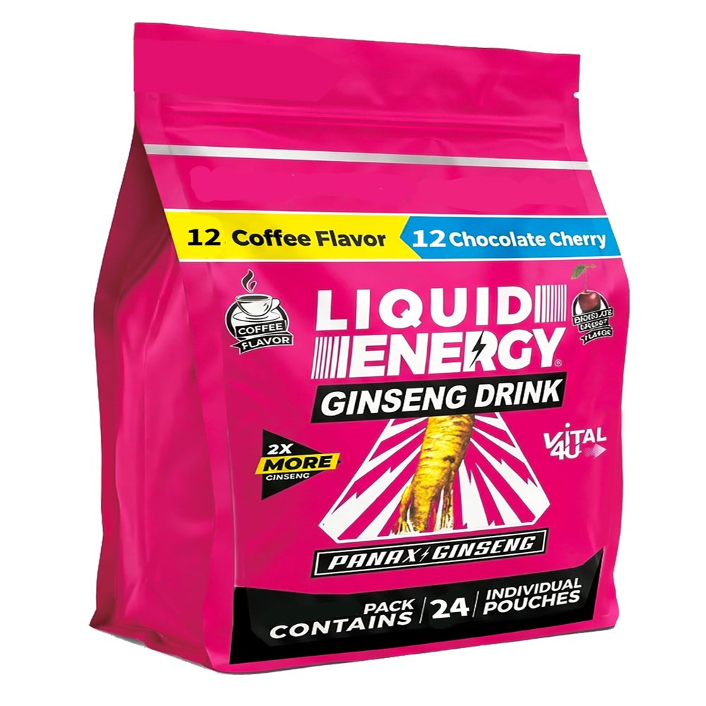 VITAL 4U Liquid Energy Shot - Coffee & Chocolate Cherry Combo Pack, Ginseng, B Vitamins, Naturally Sweetened, 24 ct