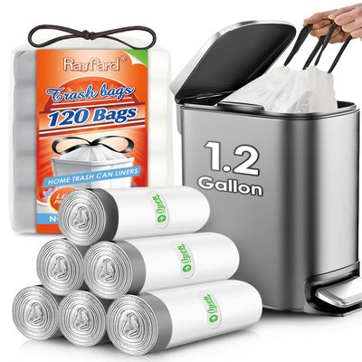120 Counts 1.2 Gallon Mini Drawstring Trash Bags Garbage Bags by RayPard, Small Strong Plastic Bags fit 4-5L Trash Can for Home Office Kitchen Bathroom Bedroom, White Waste Basket Liners