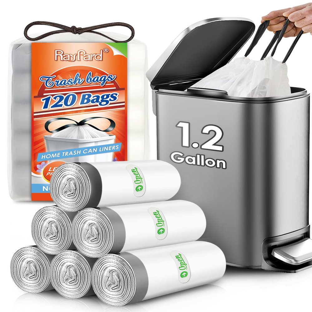 120 Counts 1.2 Gallon Mini Drawstring Trash Bags Garbage Bags by RayPard, Small Strong Plastic Bags fit 4-5L Trash Can for Home Office Kitchen Bathroom Bedroom, White Waste Basket Liners