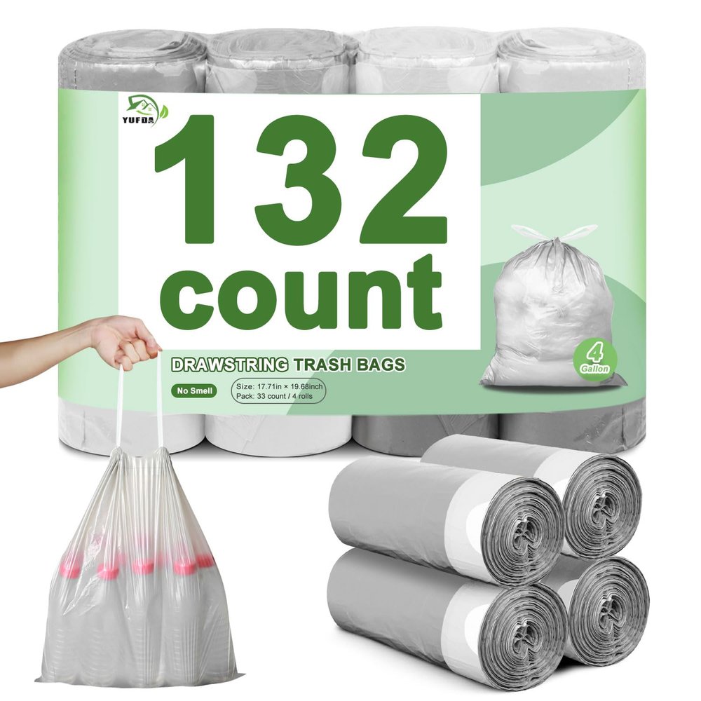 132 Count-Small Trash Bags,4 Gallon Trash Bag Drawstring,White Bathroom Garbage Bags,Tear-Free Garbage Bags,Plastic Wastebasket Liners for Toilet Home Office and Bedroom