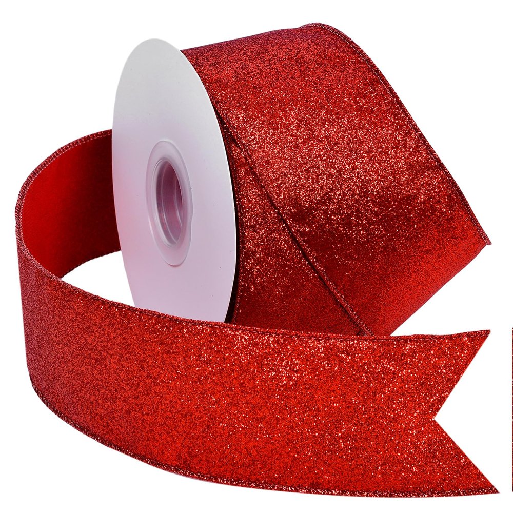 YAMA Red Glitter Wired Ribbon, 2-1/2 inch x 20 Yards, Red Christmas Wired Ribbon for Christmas Tree, Gift Wrapping, Wreath, Crafts, Bow Making and Party Decoration