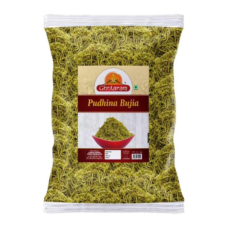 Ghotaram Kufri Sindhuri Aloo Pudina Mint Bhujiya Bhujia, Podina Bhujia Bhujiya Namkeen Snack, Travel Friendly Tea Time Breakfast Healthy Namkeen Snack Anytime Savoury Snack-250 * 1Pack