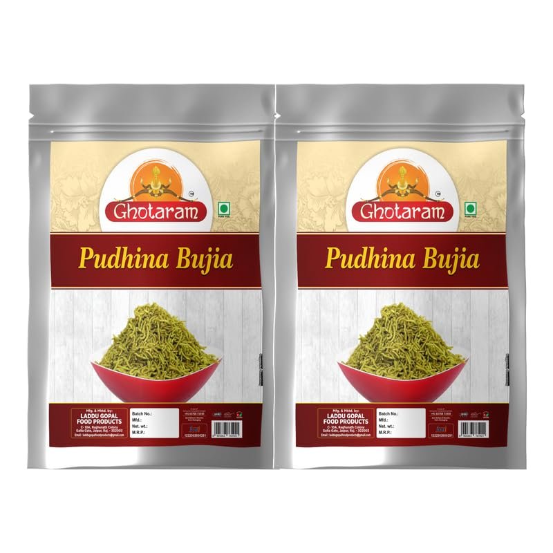 Ghotaram Virabhan Shekhawati Aloo Alu Poodina Mint Bhujiya Bhujia, Putiha Bhujia Bhujiya Namkeen Snack, Rajasthani Bhujiya Namkeen Made In Groundnut Oil Anytime Healthy Snack-150g*2Pack