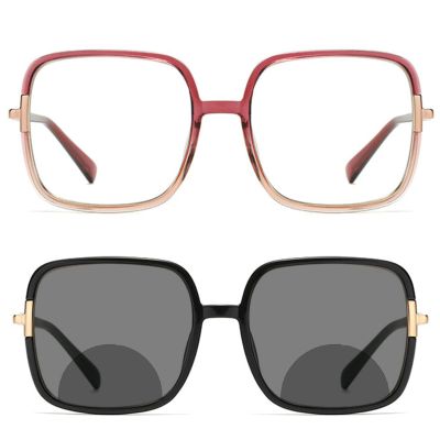 helena Oversized TR90 Square Photochromic Bifocal Reading Glasses for Women Fashion Computer Readers Female (black+pink, 3, multiplier_x)