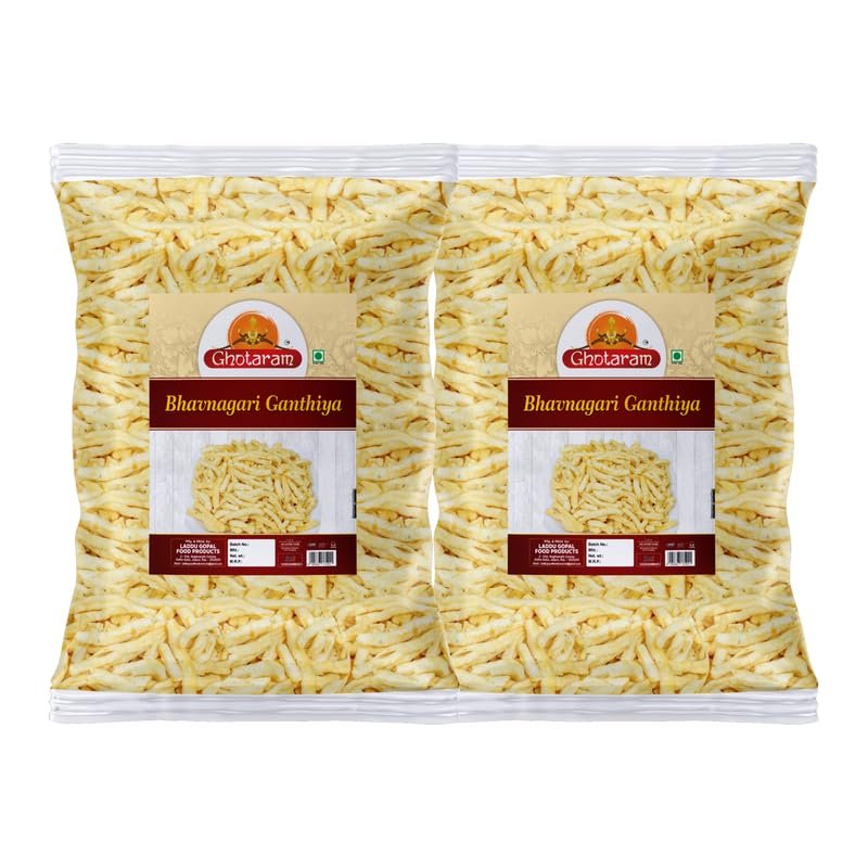 Ghotaram Authentic Kathiawar Ganthiya Bhavnagari Gujarati Gathiya Fried in Groundnut Oil, Healthy Indian Snacks, Lite Snack For All Age Groups, Bachcho Ka Favourite Savoury Snack-150g*2Pack