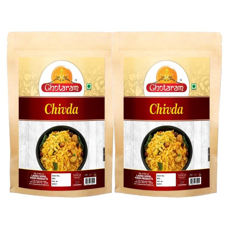 Ghotaram Muhiyabad Chiwda Chivda Indian Namkin Snacks, Namkeen Cornflakes Poha Mix Chiwda Namken, Lite Diet Cornflakes Poha Pauwa Peanut Mix Chivra Chivda, HEALTHY SNACKS-150g*2Pack