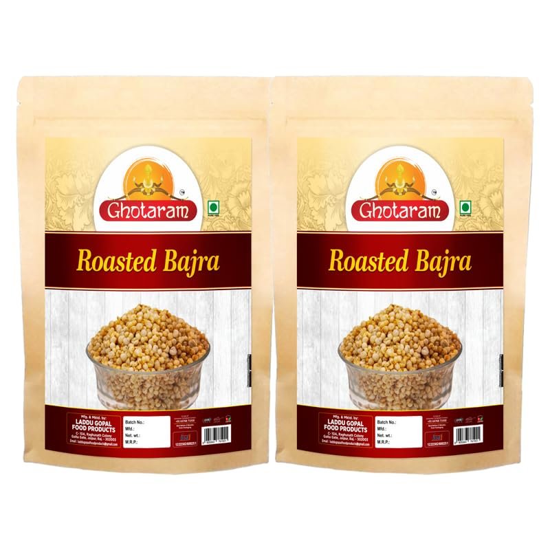 Ghotaram Roasted Bajra Puff Ready To Eat Healthy Low Calorie Snack (Vegan & Gluten Free), Travel Friendly Snacks Suitable for Vegetarians Diabetic Friendly Roasted Bajra Pearls-150g*2Pack